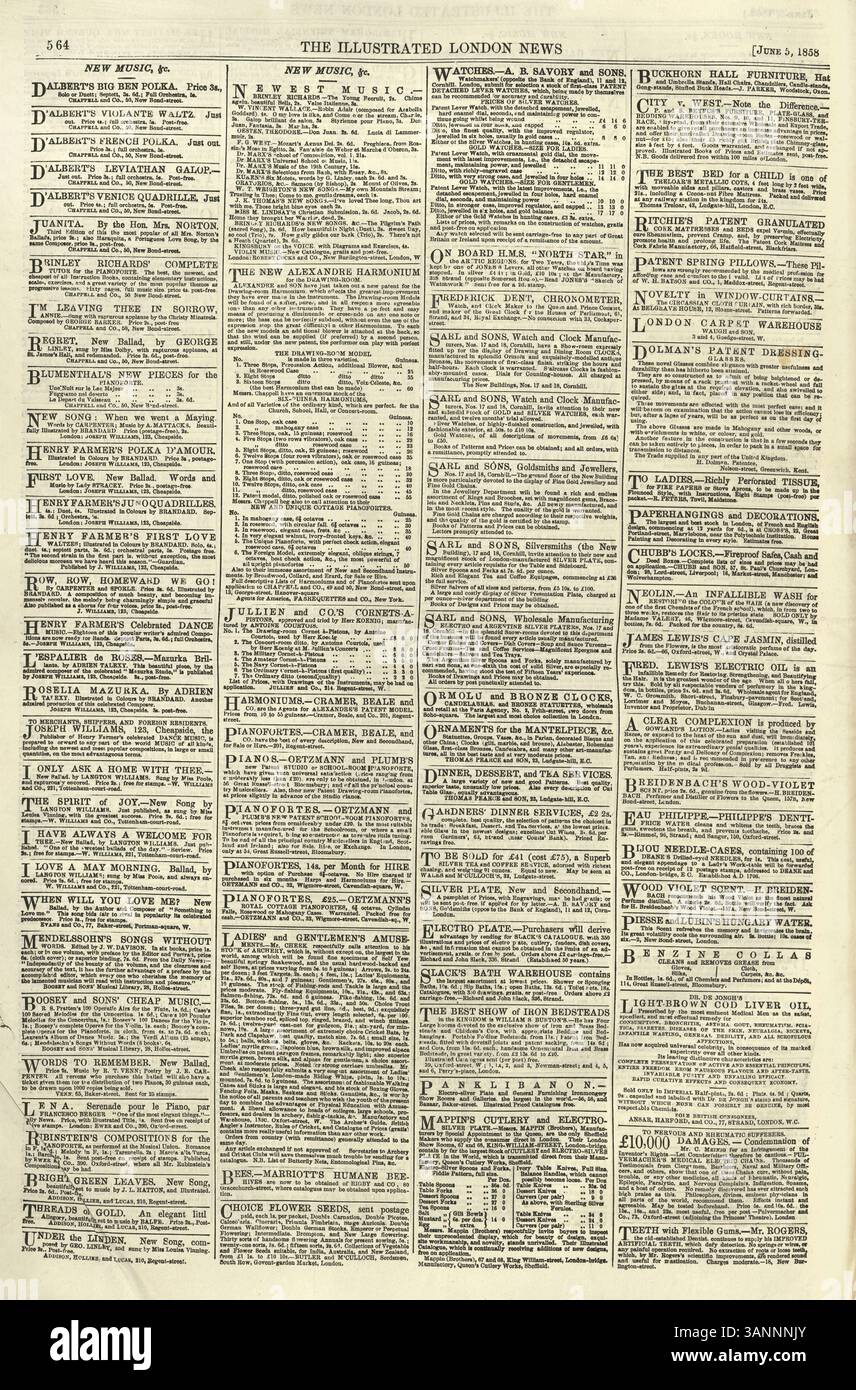 Vintage-Zeitungsseite, 1850er Jahre, Anzeigen und Hinweise aus dem 19. Jahrhundert, neue Musik, Uhren usw. Stockfoto