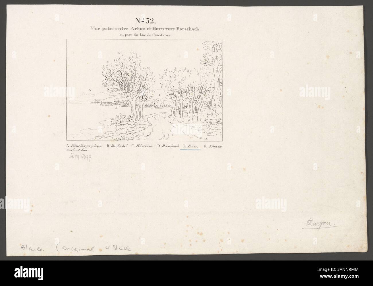 Eine Radierung von Johann Jakob Schmid, die einen Blick zwischen Arbon und Horn in Richtung Rorschach, entlang des Bodensees, zeigt die umliegenden Berge und Wahrzeichen. Stockfoto