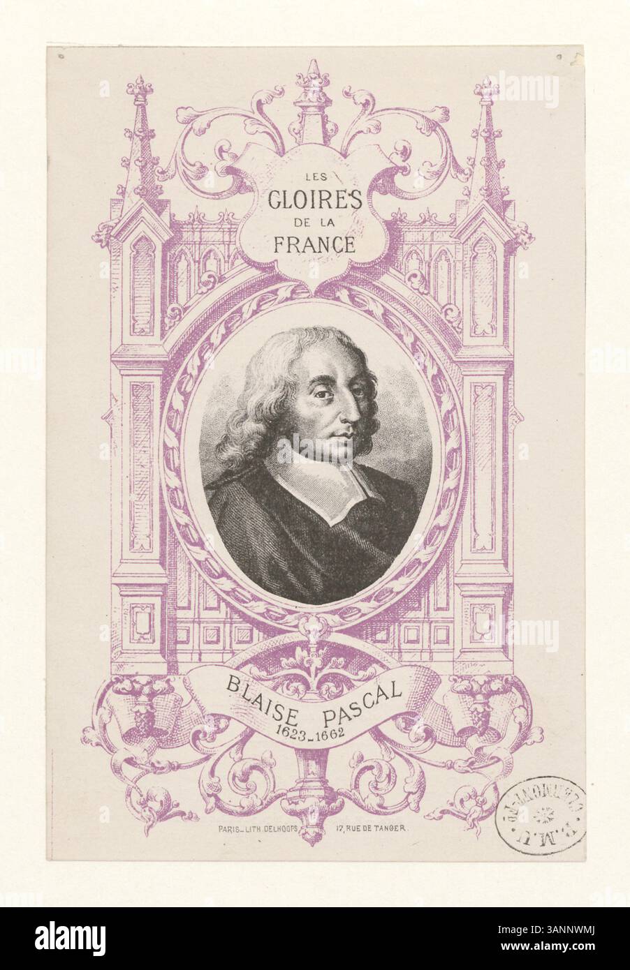 Diese Lithografie aus der Boyer-Kollektion zeigt Blaise Pascal, eine Schlüsselfigur der wissenschaftlichen Revolution. Es ist Teil der Serie „Les Gloires de la France“, in der bedeutende französische historische Persönlichkeiten gefeiert werden. Stockfoto