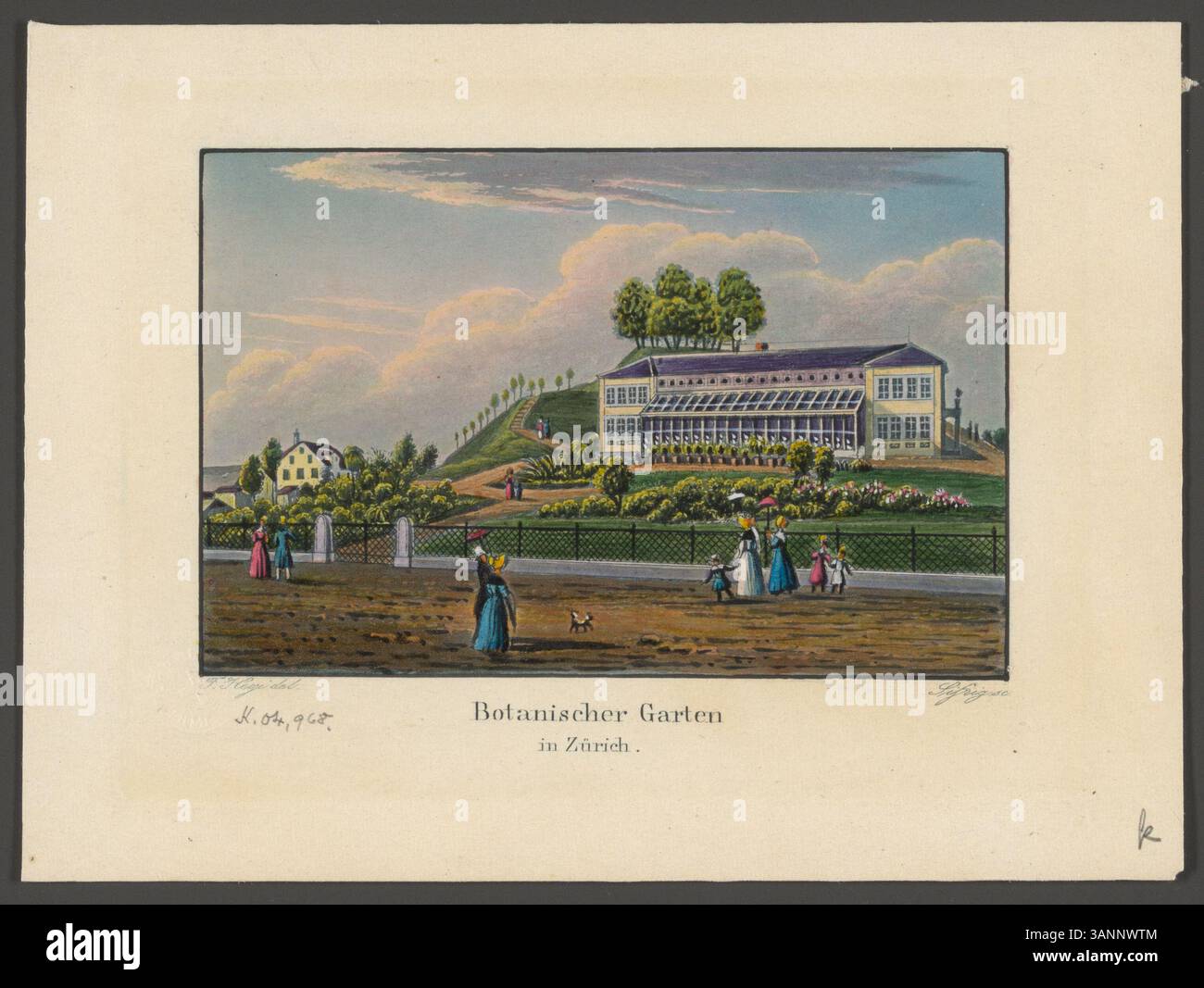 Dieser Aquatintdruck aus dem 19. Jahrhundert von Franz Hegi und Sifrig zeigt den Botanischen Garten in Zürich und veranschaulicht die vielfältige Pflanzenwelt und Gartengestaltung. Sie entstand als Teil einer Serie über Zürich und Umgebung und bietet einen Einblick in die botanische Kultur und die Stadtlandschaften des 19. Jahrhunderts. Stockfoto