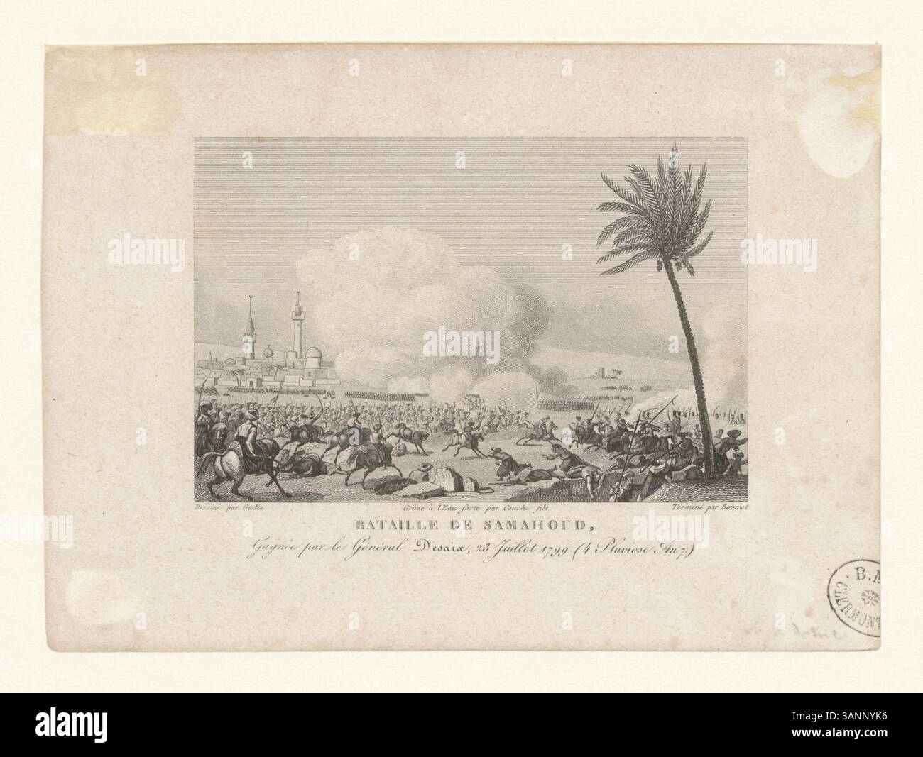 Die Lithografie zeigt die Schlacht von Samahoud, einen entscheidenden Sieg von General Louis Desaix am 23. Juli 1799 während der Französischen Unabhängigkeitskriege. Stockfoto