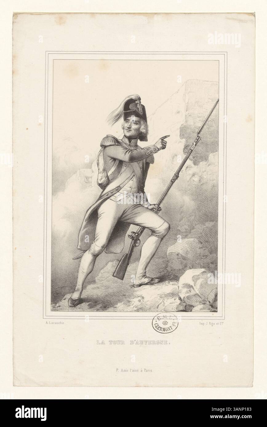 Lithografie von La Tour d'Auvergne von Alexandre Lacauchie, die den französischen Soldaten und revolutionären Helden darstellt. Dieses Stück spiegelt die militärische Bedeutung der Tour d'Auvergne während der Französischen Revolution und seinen Beitrag zur französischen Militärgeschichte wider. Stockfoto