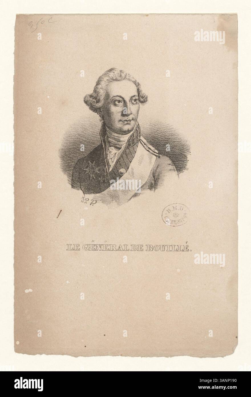 Lithografie aus der Sammlung Boyer, die Francois Claude Amour, Marquis de Bouillé, einen prominenten General während der Französischen Revolution darstellt. Stockfoto