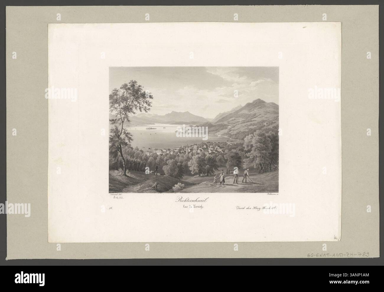 Richterschweil und Zürichsee dargestellt in einem Aquatinprint aus der Zeit um 1830, geschaffen von David Alois Schmid und graviert von Johann Jakob Falkeisen. Der von Heinrich Füssli & Co. Herausgegebene Druck bietet einen malerischen Blick auf die Region. Stockfoto