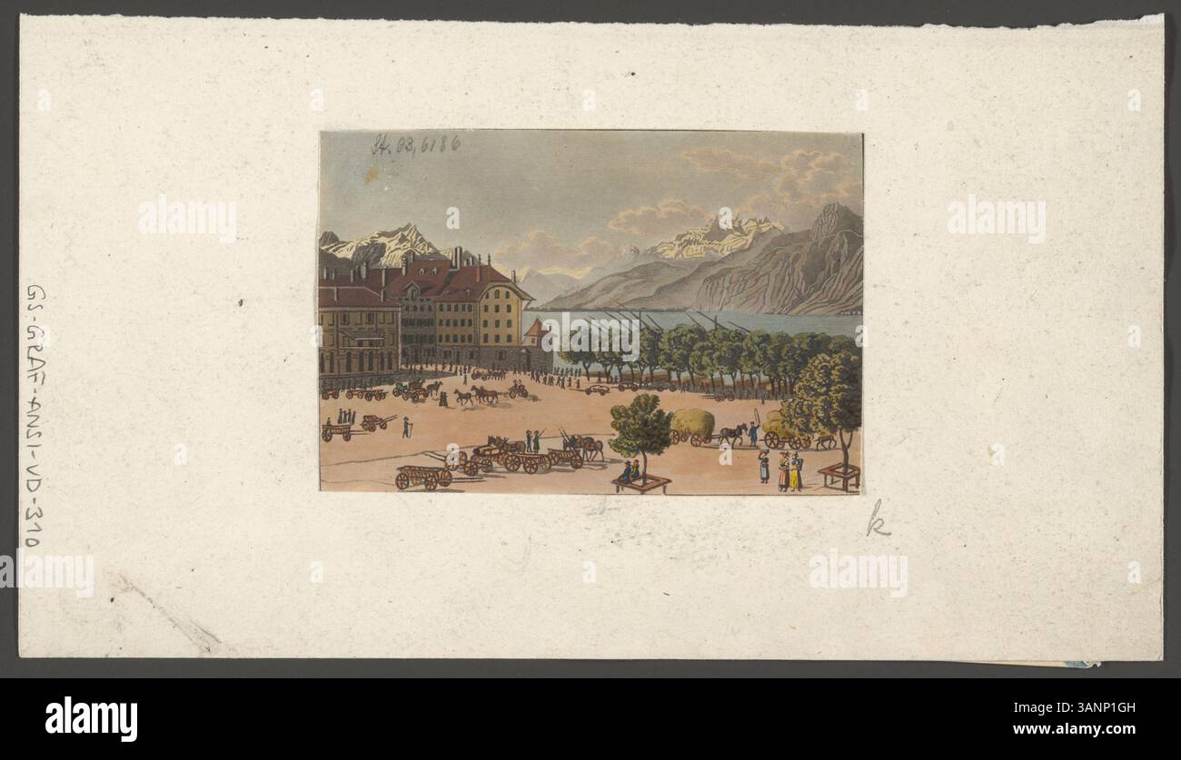 Druck von Franz Schmid und Johann Jakob Sperli aus dem 19. Jahrhundert, der den Ort à Vevey darstellt. Die Lithografie zeigt einen detaillierten Blick auf diesen Platz in Vevey, einer Stadt in der Nähe des Genfer Sees in der Schweiz. Stockfoto