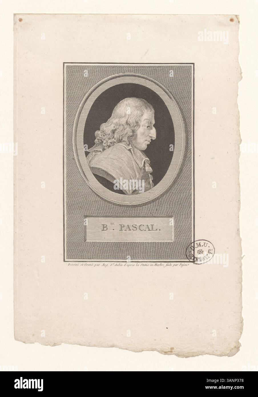 Blaise Pascals Porträt, das von Augustin Pajou, einem prominenten französischen Bildhauer und Kupferstecher aus dem 18. Jahrhundert, graviert wurde, fängt das Wesen von Pascals intellektuellem Erbe auf raffinierte, künstlerische Weise ein. Stockfoto