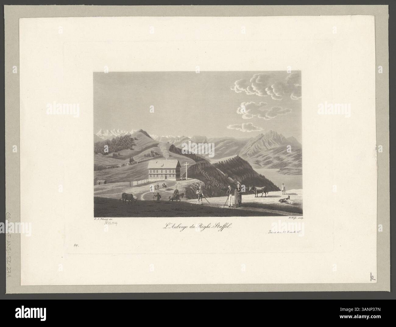 Ein Aquatindruck von David Alois Schmid, graviert von Johann Heinrich Weiss, zeigt das Righi-Staffel Inn, eine malerische Lage in der Schweiz. Herausgegeben von Heinrich Fuessli & Co. In Zürich. Stockfoto