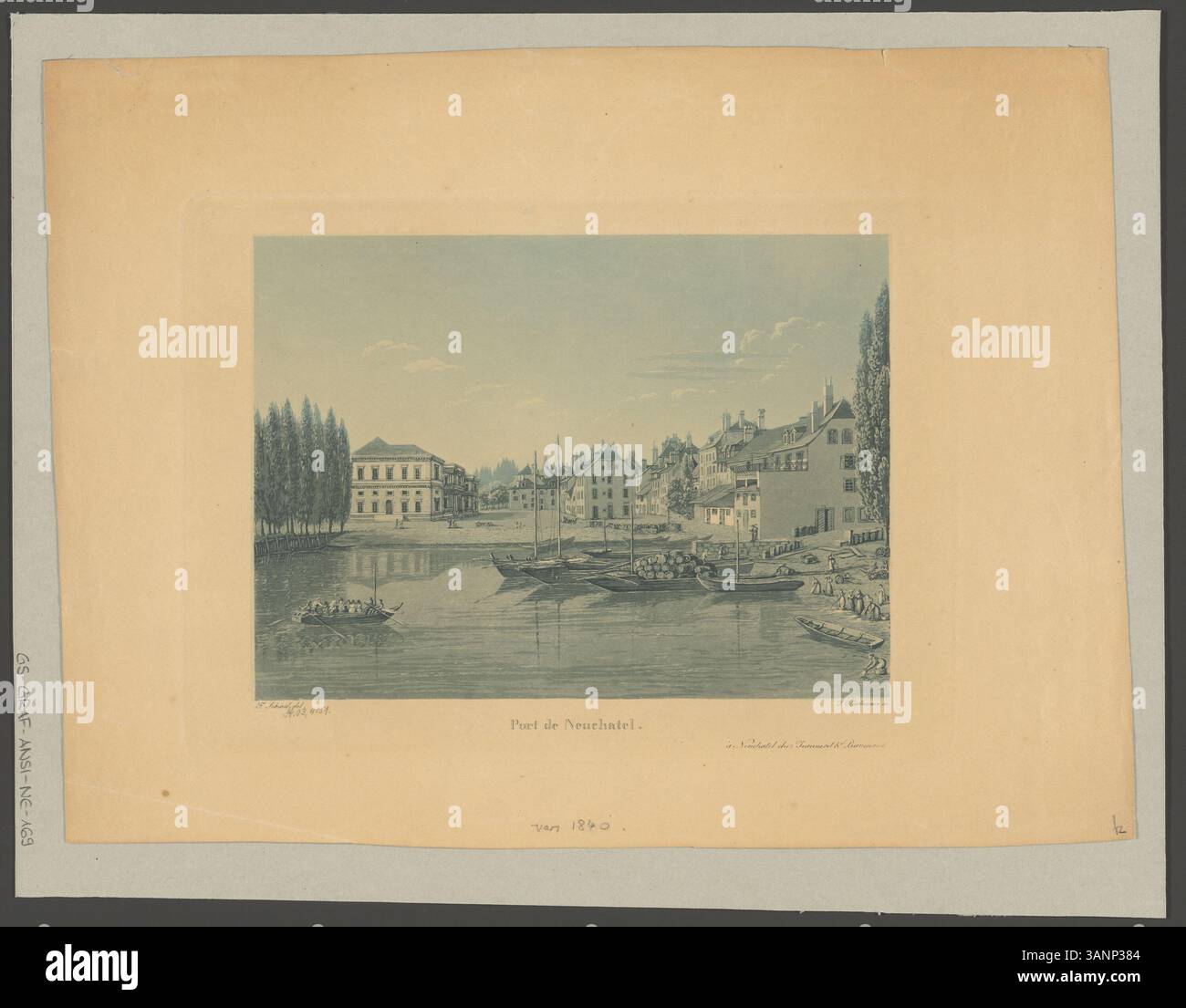 Dieser Aquatindruck zeigt einen Blick auf die Neuchâtel-Brücke und zeigt die Pont de Neuchâtel und ihre Umgebung. Er wurde von Franz Schmid geschaffen und von Johann Hürlimann graviert und nimmt eine wichtige Infrastruktur der Stadt ein. Stockfoto