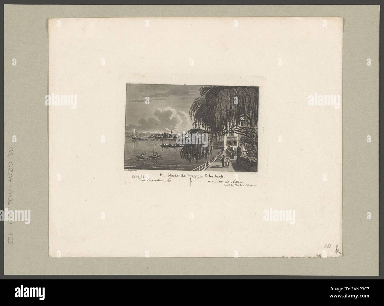 Aquatintdruck von 1840 mit der Darstellung 'Bey Maria-Halden gegen Erlenbach' am Zürichsee. Signiert von J. Meyer, herausgegeben von Maehly & Schabelitz, Basel. Der Druck enthält Bleistiftbeschriftungen und ein Wasserzeichen von I.I. & R. Schmid. Stockfoto