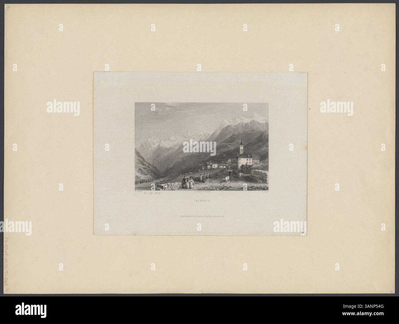Ein 1835 erschienener Druck von William Henry Bartlett und Thomas Jeavons, der Airolo in der Schweiz zeigt, mit einer detaillierten Darstellung der Schweizer Landschaft. Stockfoto