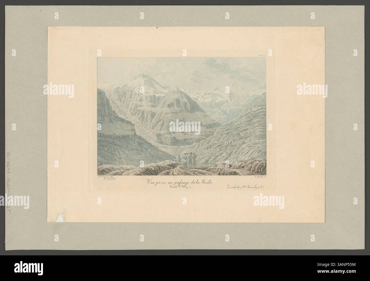 Dieser Aquatint von 1833 von David Alois Schmid und Johann Jakob Sperli zeigt eine malerische Aussicht am Furka-Pass im Kanton URI. Der Druck bietet eine klare Darstellung der Berglandschaft und der für die Region typischen zerklüfteten Topographie. Stockfoto