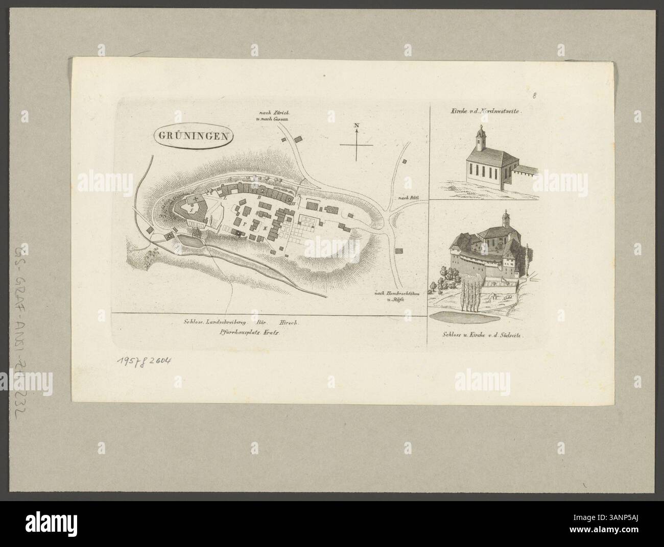 Diese Radierung von Hans Heinrich Keller aus der Zeit um 1831 zeigt Grüningen, eine Ortschaft in Zürich, mit topographischen Anmerkungen. Das Werk entstand 1831 im Rahmen der Zürcher Bürgerehre für Freyschiessen und zeigt die Landschaft und Architektur der Gegend. Stockfoto
