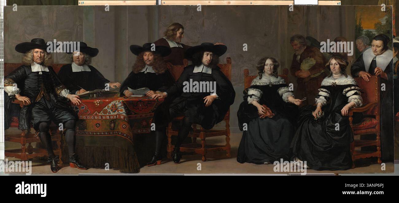 Adriaen Backers Gemälde von 1676 zeigt die Gouverneure und Gouvernanten des Oudemannen- en Vrouwengasthuis in Amsterdam. Es zeigt sechs Personen, darunter vier Regenten und zwei Regeninnen, die die Führung dieser gemeinnützigen Einrichtung darstellen. Stockfoto