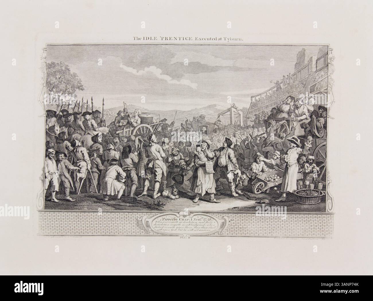 Druck mit dem Titel „The Idle“ Prentice Execute at Tyburn aus William Hogarths Serie „Industry and Imbleness“. Es zeigt das grauenvolle Schicksal eines jungen Mannes, der sein Leben verschwendet und für seine Verbrechen hingerichtet wird. Stockfoto