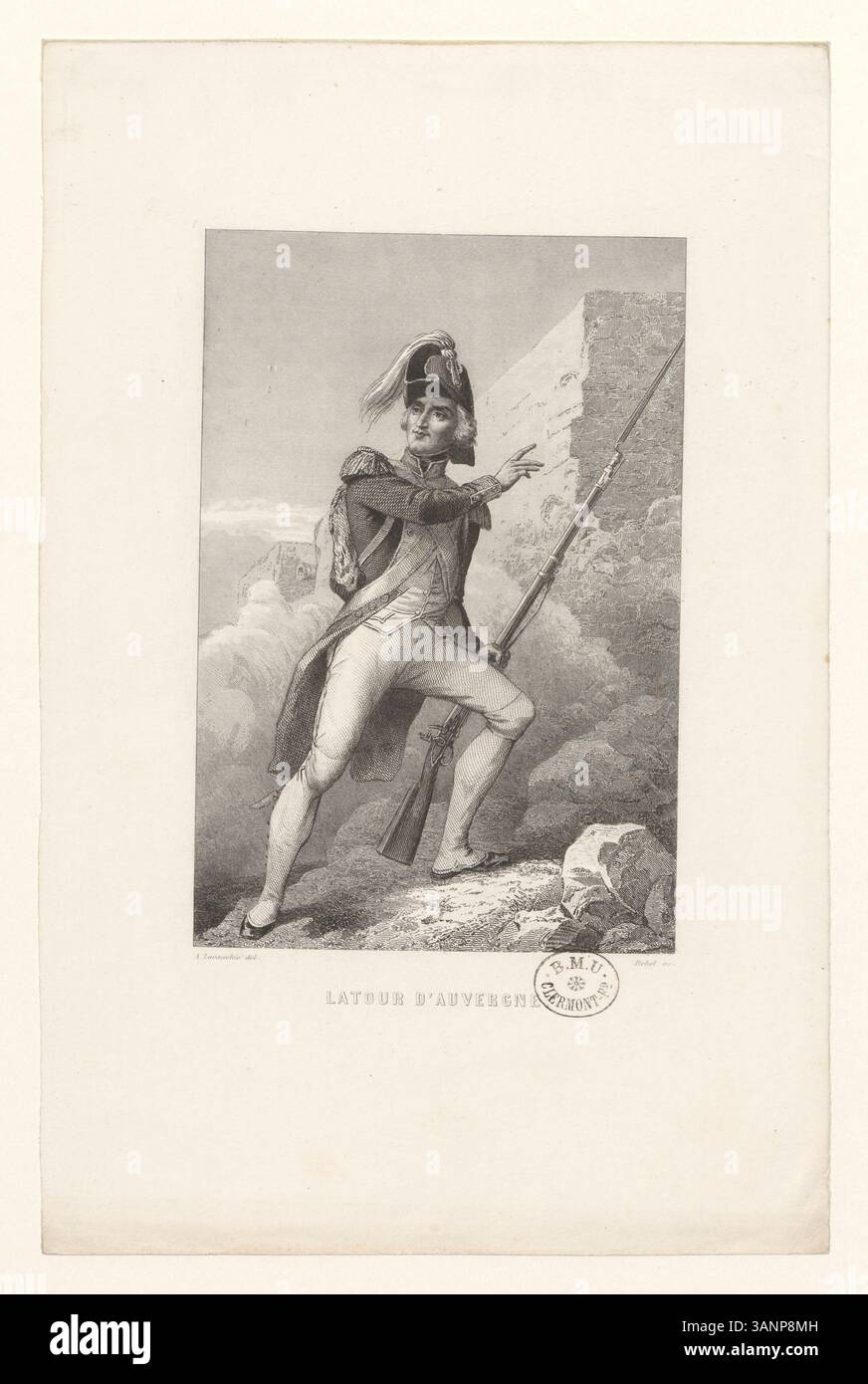Dieser Tiefdruck von Théo Corret von Latour d’Auvergne unterstreicht sein Vermächtnis als hervorragender französischer Offizier und Soldat, der für seine Tapferkeit während der revolutionären Periode Frankreichs gefeiert wurde. Sein Bild ist detailreich erfasst. Stockfoto