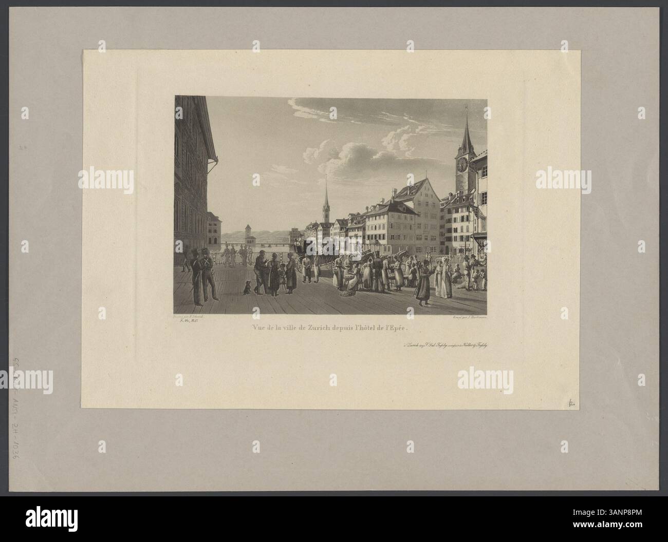 Aquatindruck, der Zürichs Stadtbild aus der Hôtel de l'Epée darstellt, ähnlich dem vorherigen Druck, der die architektonischen Merkmale der Stadt zeigt. Stockfoto