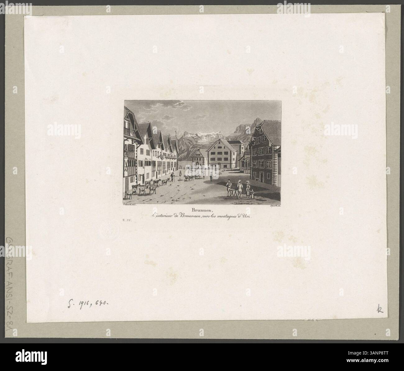 Dieser Aquatindruck aus dem 19. Jahrhundert von Franz Schmid zeigt Brunnen mit Blick auf die urinländischen Berge. Der Druck wurde von Johann Jakob Sperli erstellt und von der Schweizerischen Nationalbibliothek herausgegeben und bietet eine detaillierte Darstellung der natürlichen Schönheit und landschaftlichen Aussichten der Region. Stockfoto