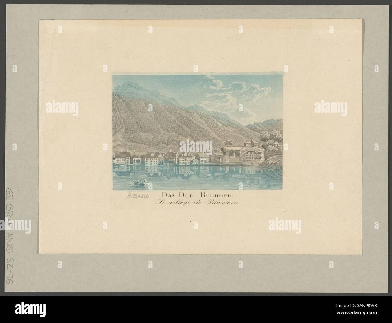 Ein Aquatint-Druck von Johann Baptist Isenring und David Alois Schmid, der das Dorf Brunnen in der Schweiz mit malerischem Blick auf den Vierwaldstättersee und die Umgebung darstellt. Stockfoto