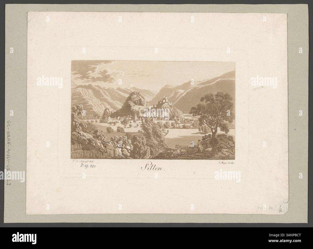 Aquatinprint von Sitten (Sion) von David Alois Schmid und Johann Jakob Meyer, hergestellt 1817. Der Druck zeigt eine Ansicht von Sitten in der Schweiz, die für „Les Chefs-lieux des XXII Cantons suisses“ geschaffen wurde. Stockfoto