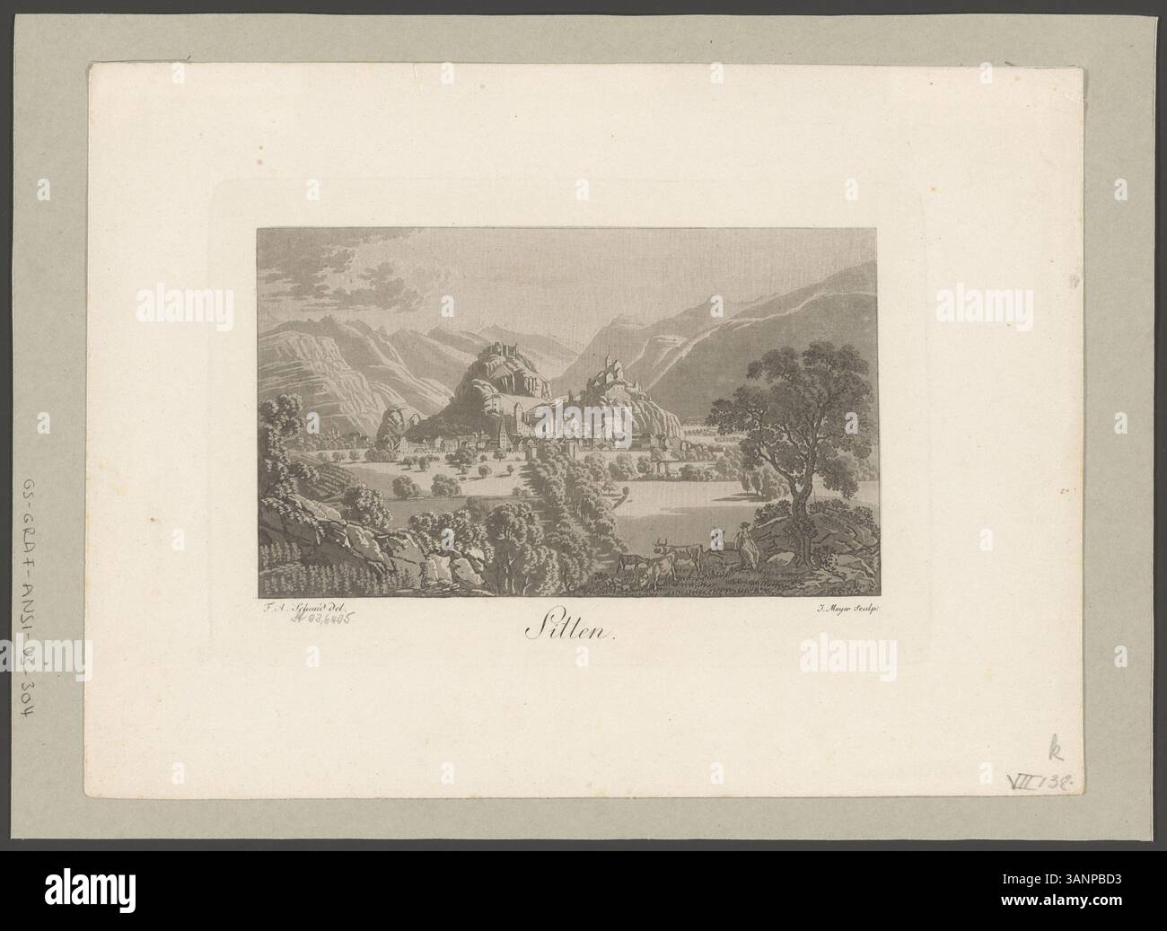 Dieser Aquarelldruck von 1817 zeigt die Stadt Sitten (Sion) von David Alois Schmid und Johann Jakob Meyer. Es ist Teil einer Serie von Schweizer Kantonen, die einen detaillierten Blick auf die Architektur und Landschaft der Stadt bietet. Stockfoto