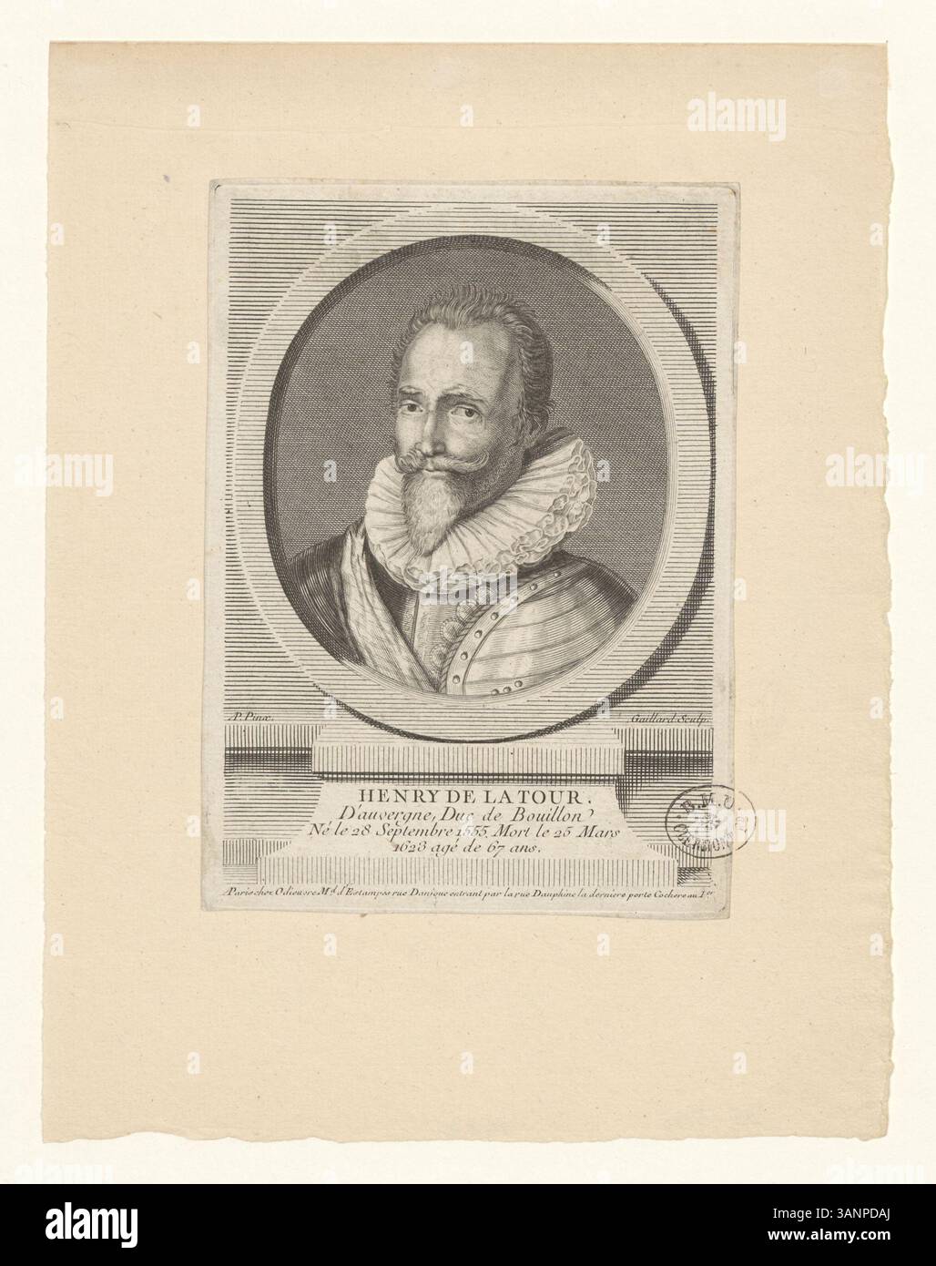 Boyer 1432 ist ein Tiefdruck von Henry de la Tour D’Auvergne, Herzog von Bouillon, geboren 1555 und gestorben 1623. Der Druck ist Teil der Boyer-Sammlung und spiegelt seine historische und edle Bedeutung wider. Stockfoto