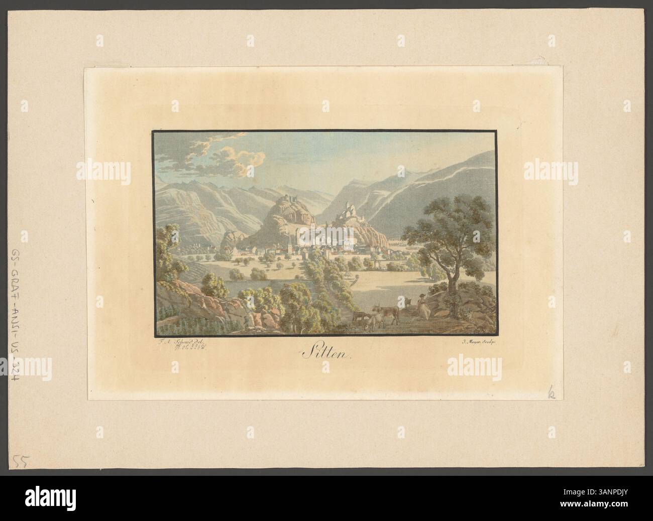 Aquatinprint von Sitten (Sion) von David Alois Schmid und Johann Jakob Meyer, hergestellt 1817. Das Werk zeigt eine szenische Sicht auf die Schweizer Stadt Sitten, herausgegeben von Orell Füssli & Co. Zürich. Stockfoto