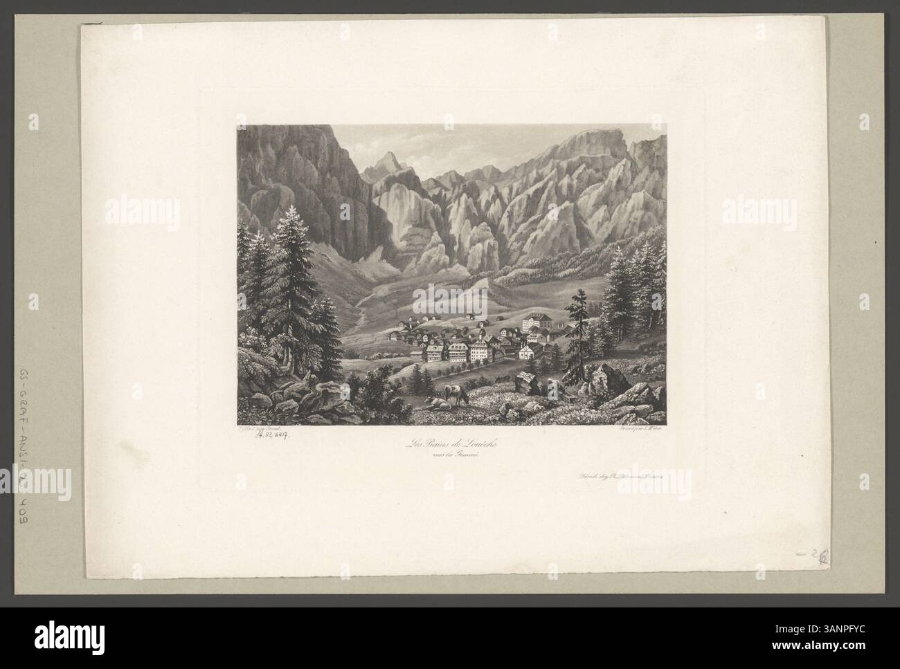 Dieser Aquatindruck zeigt die Thermalbäder von Leukerbad mit Blick auf den Gemmipass. Das von Georg Straub und Lukas Weber geschaffene Bild fängt die Landschaft rund um die Bäder ein und betont die gesundheitlichen Vorteile der Quellen in einer malerischen alpinen Umgebung. Stockfoto