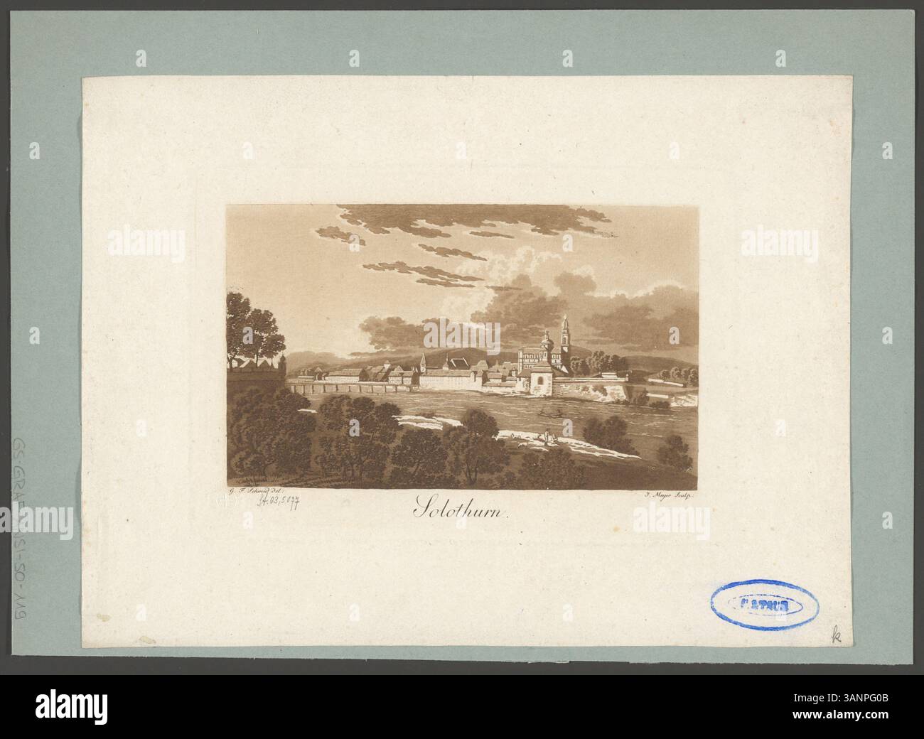 Dieser Aquatint- und Radierdruck von G.F. Schmid und Johann Jakob Meyer um 1817 zeigt Solothurn in der Schweiz und zeigt die wichtigsten Wahrzeichen und architektonischen Details der Stadt als Teil einer Serie, die wichtige Schweizer Orte hervorhebt. Stockfoto