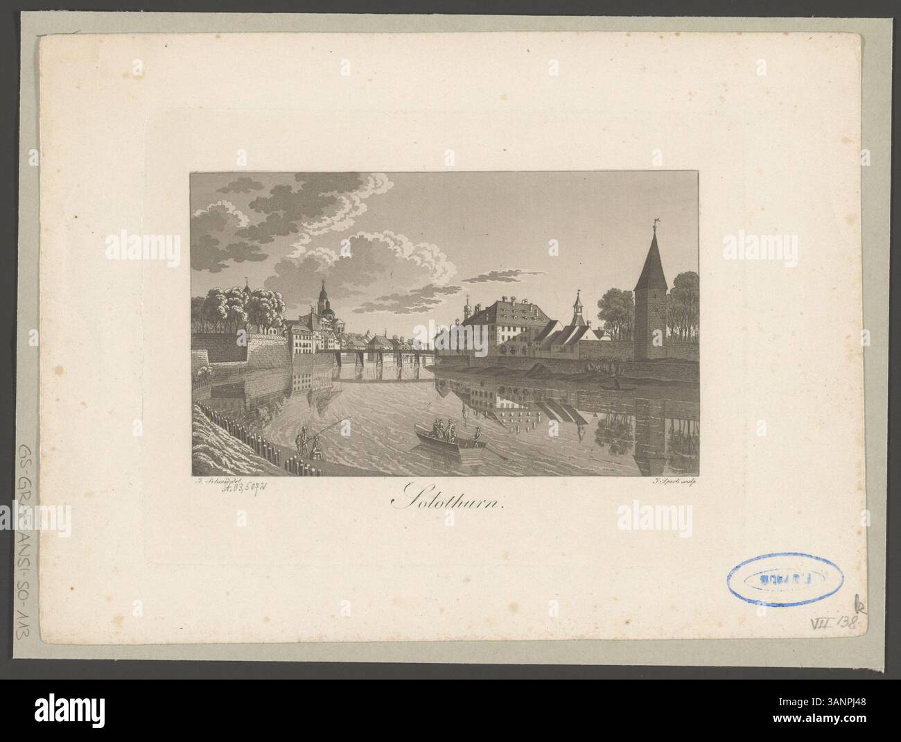 Dieser von Franz Schmid geschaffene und von Johann Jakob Sperli geätzte Druck zeigt eine Szene aus Solothurn in der Schweiz. Der Druck zeigt die Architektur der Stadt und ist ein Beispiel für Schweizer Landschaft und urbane Kunst des 19. Jahrhunderts. Stockfoto
