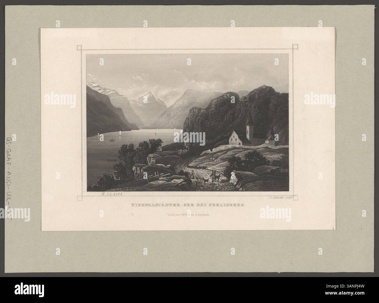 Dieser Mezzotint- und Radierdruck von Jakob Lorenz Rüdisühli zeigt den Vierwaldstättersee bei Seelisberg, Schweiz, mit Blick auf den See und die umliegenden Berge. Stockfoto