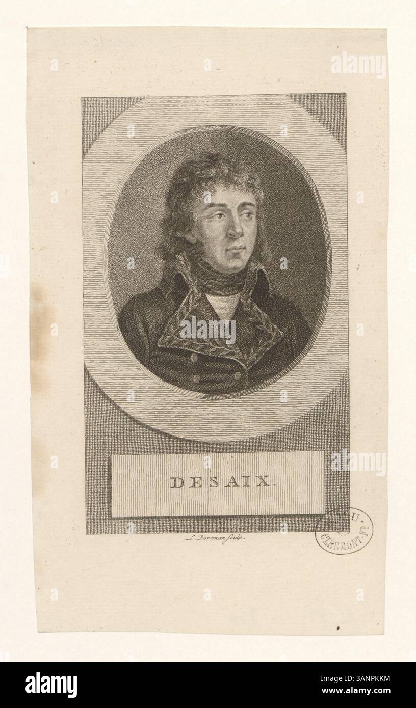 Tiefdruck aus der Sammlung Boyer, der General Louis Desaix darstellt, eine Schlüsselfigur des französischen Militärs während der Napoleonischen Kriege, besonders bekannt für seine Rolle in Ägypten und Marengo. Stockfoto