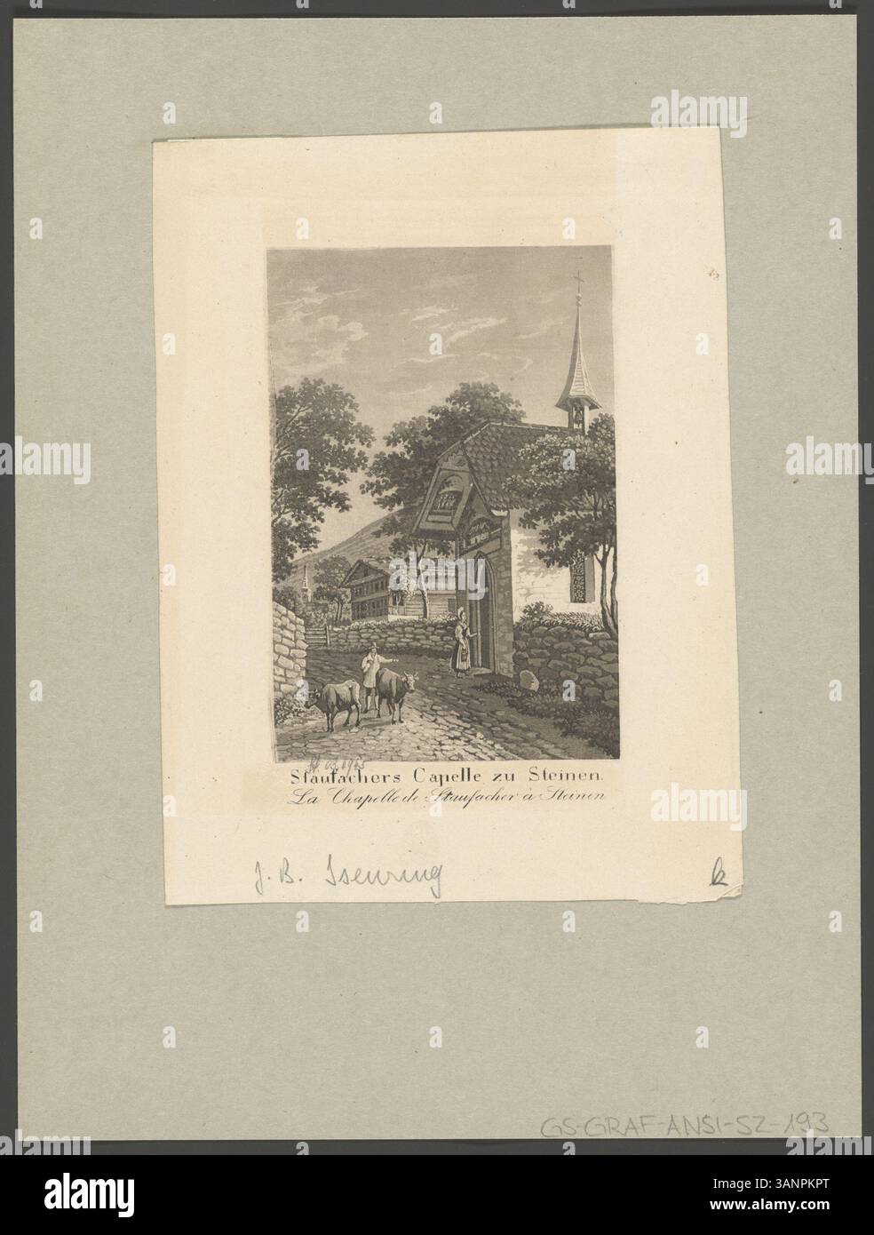 Aquatint-Druck von David Alois Schmid und Johann Baptist Isenring, der die Stauffacher-Kapelle in Steinen illustriert, Teil einer Schweizer Gemäldesammlung. Stockfoto