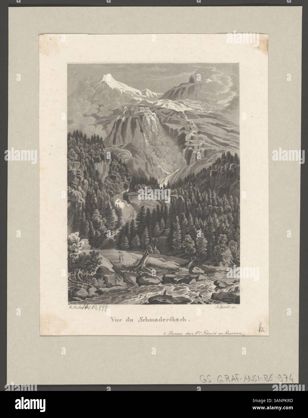 Dieser Aquatintdruck aus dem 19. Jahrhundert, der von Rudolf Huber und Johann Jakob Sperli geschaffen wurde, zeigt den Blick auf Schmaderibach. Es wurde in Thoune von F. Schmid veröffentlicht und erfasst eine malerische Berglandschaft. Stockfoto
