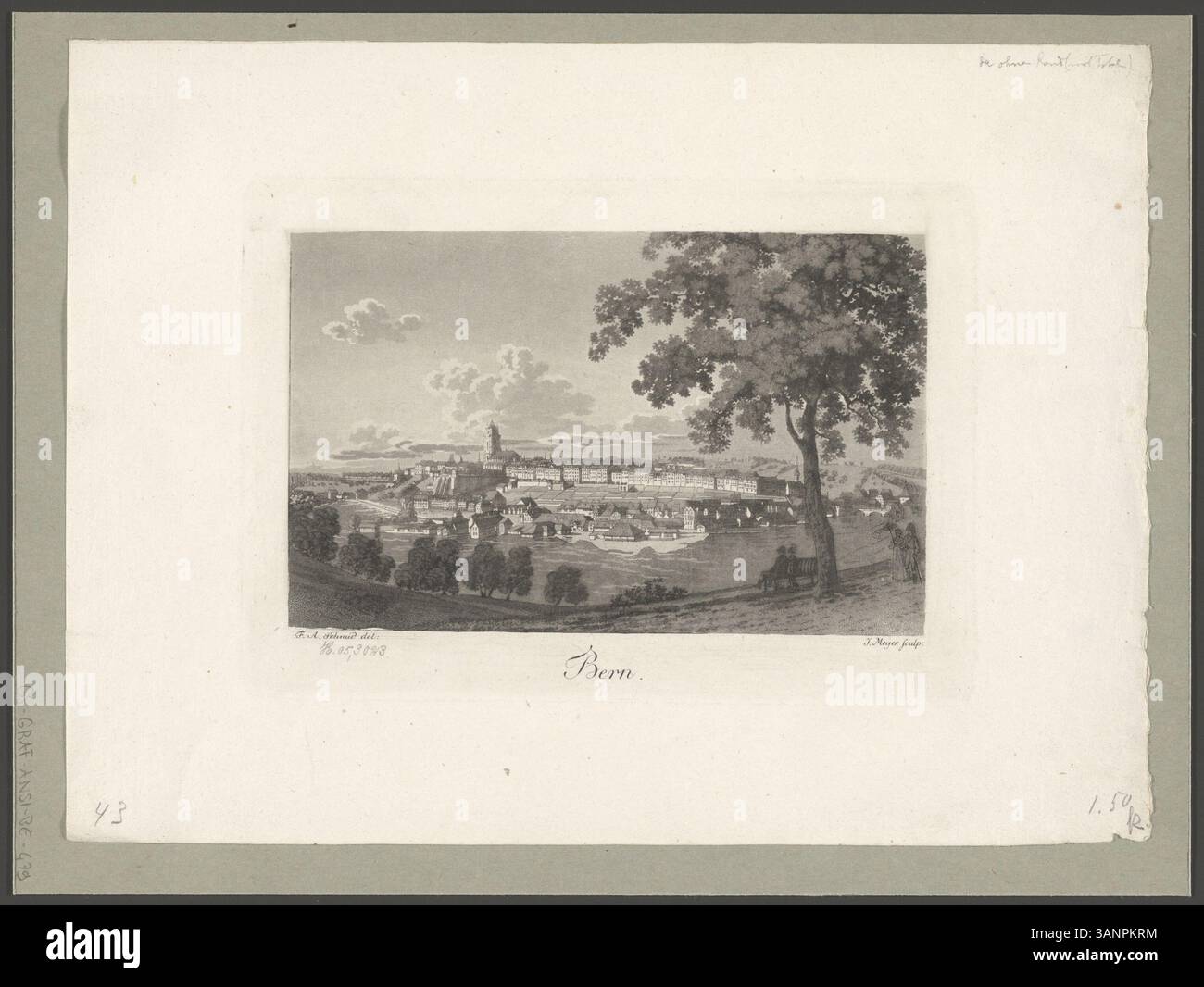 Dieser Radierungs- und Aquatindruck zeigt eine Ansicht von Bern, die von David Alois Schmid und Johann Jakob Meyer geschaffen wurde. Der Druck zeigt die wichtigsten Merkmale der Stadt, mit besonderem Bezug auf den Zeitraum um 1817. Stockfoto