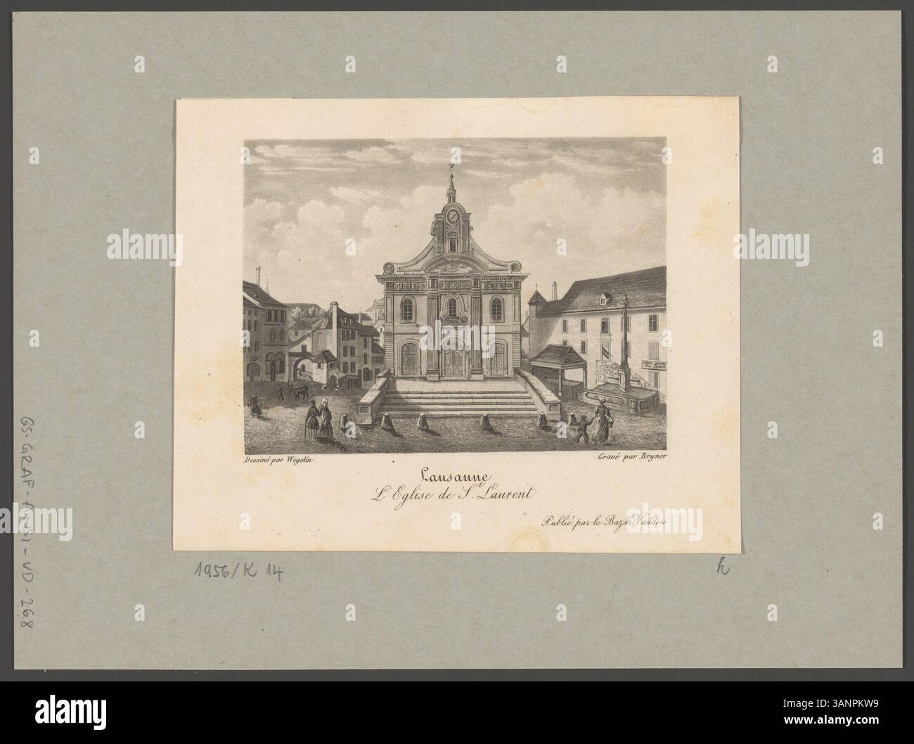 Dieser von Daniel Wegelin geschaffene und von Jean Bryner gravierte Aquatindruck zeigt die Kirche St. Laurent in Lausanne. Veröffentlicht vom Bazar Waadtländer, reflektiert er die religiöse Architektur der Schweiz Mitte des 19. Jahrhunderts und die lokale Stadtlandschaft. Stockfoto