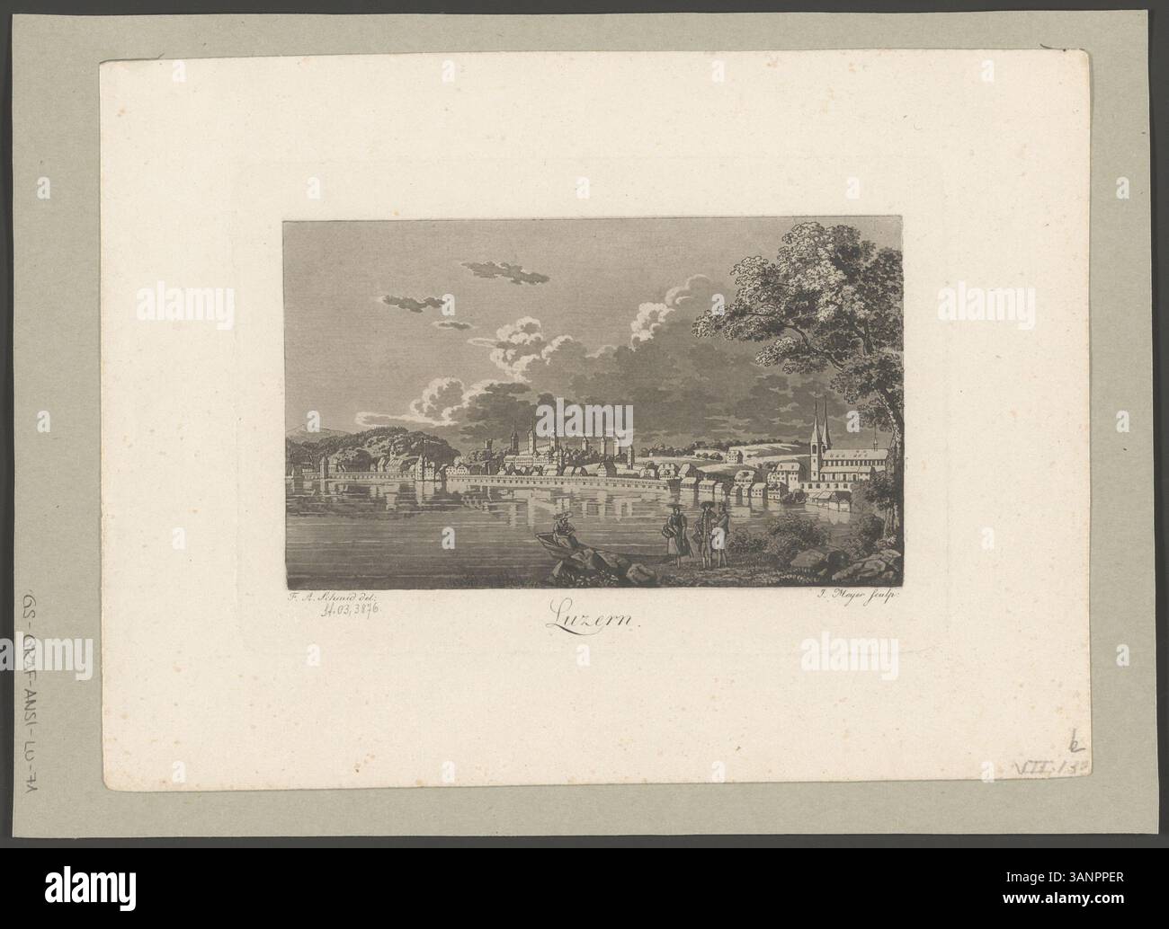 Radierung und Aquatintdruck von David Alois Schmid, der eine Ansicht von Luzern darstellt, erstellt um 1817. Dieser historische Druck, herausgegeben von Johann Jakob Meyer, stellt ein Schlüsselbeispiel der Schweizer Landschaftskunst dar. Stockfoto