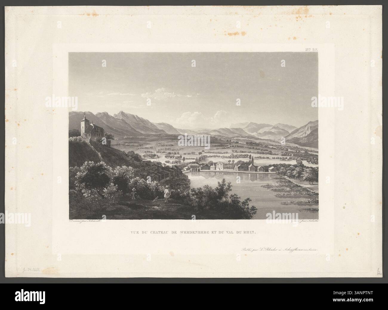 Der Aquatintdruck von Johann Jakob Schmid und Friedrich Salathé zeigt einen Blick auf die Burg Werdenberg und das Rheintal. Dieses Bild ist Teil einer größeren Serie, die malerische Orte entlang des Rheins in der Schweiz zeigt. Stockfoto