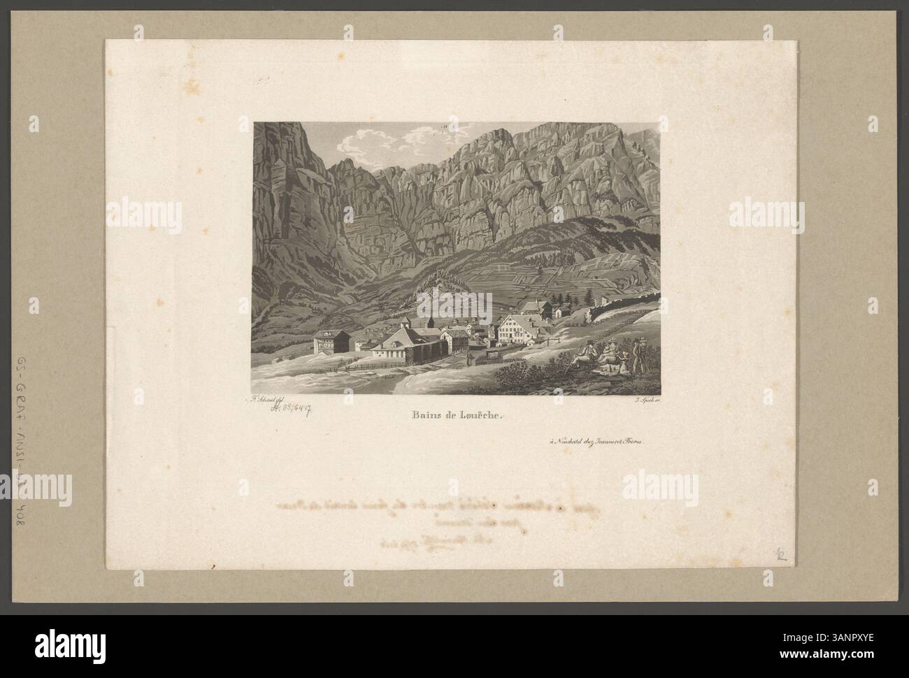Dieses Aquatint aus dem 19. Jahrhundert von Franz Schmid und Johann Jakob Sperli zeigt die Thermalbäder von Leukerbad in der Nähe des Gemmipasses. Die Szene fängt die Thermalquellen vor der dramatischen Kulisse der umliegenden alpinen Landschaft der Schweiz ein. Stockfoto