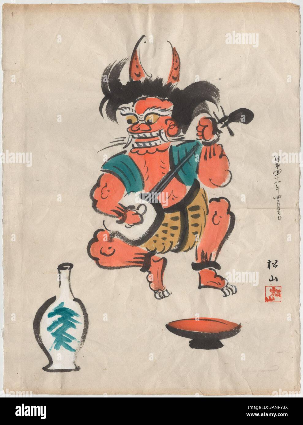 Dieses Gemälde von Matsuyama aus dem Jahr 1908 zeigt einen Dämon, der einen Samisen spielt, mit einer Weinflasche und einem Trinkbecher im Vordergrund. Das Kunstwerk verwendet Tinte und Farbe auf Papier und wurde dem Vanderbilt Museum of Art von Herman D. Doochin geschenkt. Stockfoto