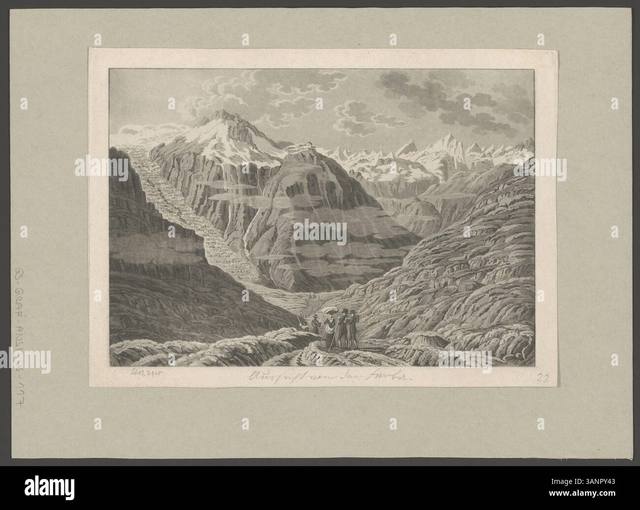 Blick auf den Furka Pass, Kanton URI, Schweiz, um 1833. Der Aquatintdruck von David Alois Schmid, ein Stich von Johann Jakob Sperli, zeigt die Berglandschaft. Herausgegeben von Heinrich Füessli & Co. In Zürich. Stockfoto