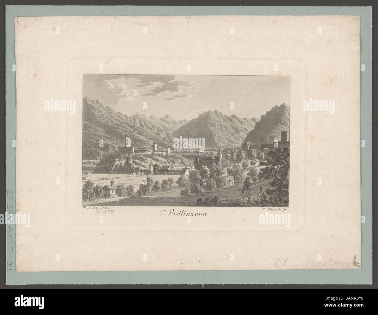 Dieser Aquatint- und Radierdruck, der von David Alois Schmid und Johann Jakob Meyer erstellt wurde, zeigt die Stadt Bellinzona im Kanton Tessin. Die 1817 produzierte Serie ist Teil der „die Hauptorte der Schweiz“, einer Serie, die wichtige Schweizer Städte hervorhebt. Der Druck fängt Bellinzona's Stadtbild und die umliegende Landschaft ein. Stockfoto