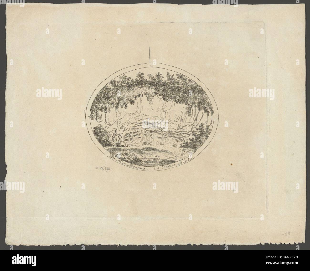 Diese Gravur aus der Schweizerischen Nationalbibliothek zeigt den Neun-Brunnen im Kanton Basel. Das Stück fängt die topografischen Elemente der Region ein und zeigt die natürliche Schönheit der Gegend im Stil des 18. Oder 19. Jahrhunderts. Stockfoto