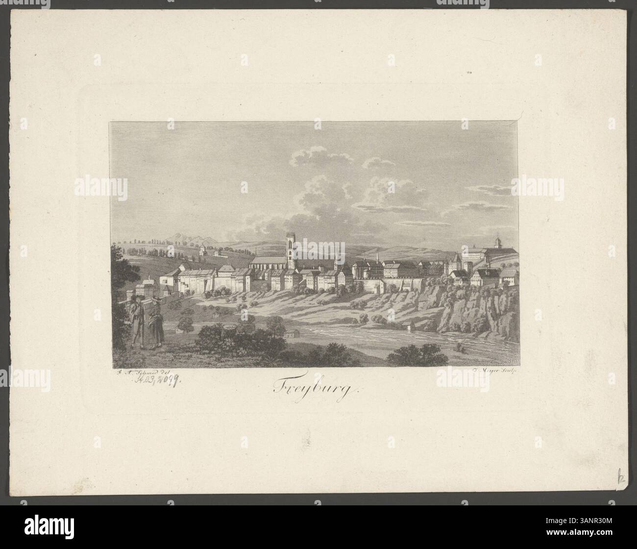Dieser Radierungs- und Aquatintdruck von David Alois Schmid und Johann Jakob Meyer um 1817 zeigt die Schweizer Stadt Freyburg. Der Druck enthält detaillierte topografische Elemente und zeigt die künstlerischen Techniken der Zeit. Stockfoto