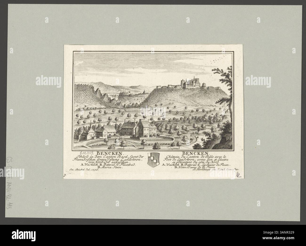 Dieser Druck zeigt einen Blick auf das Schloss Bencken im Kanton Basel und die französische Grenzbefestigung Landskron. Das Stück enthält Anmerkungen an verschiedenen Orten, darunter A. Weiskilch, B. Bettweil und C. Flüenbad, die von Emanuel Büchel geschaffen und 1756 von David Herrliberger graviert wurden. Stockfoto