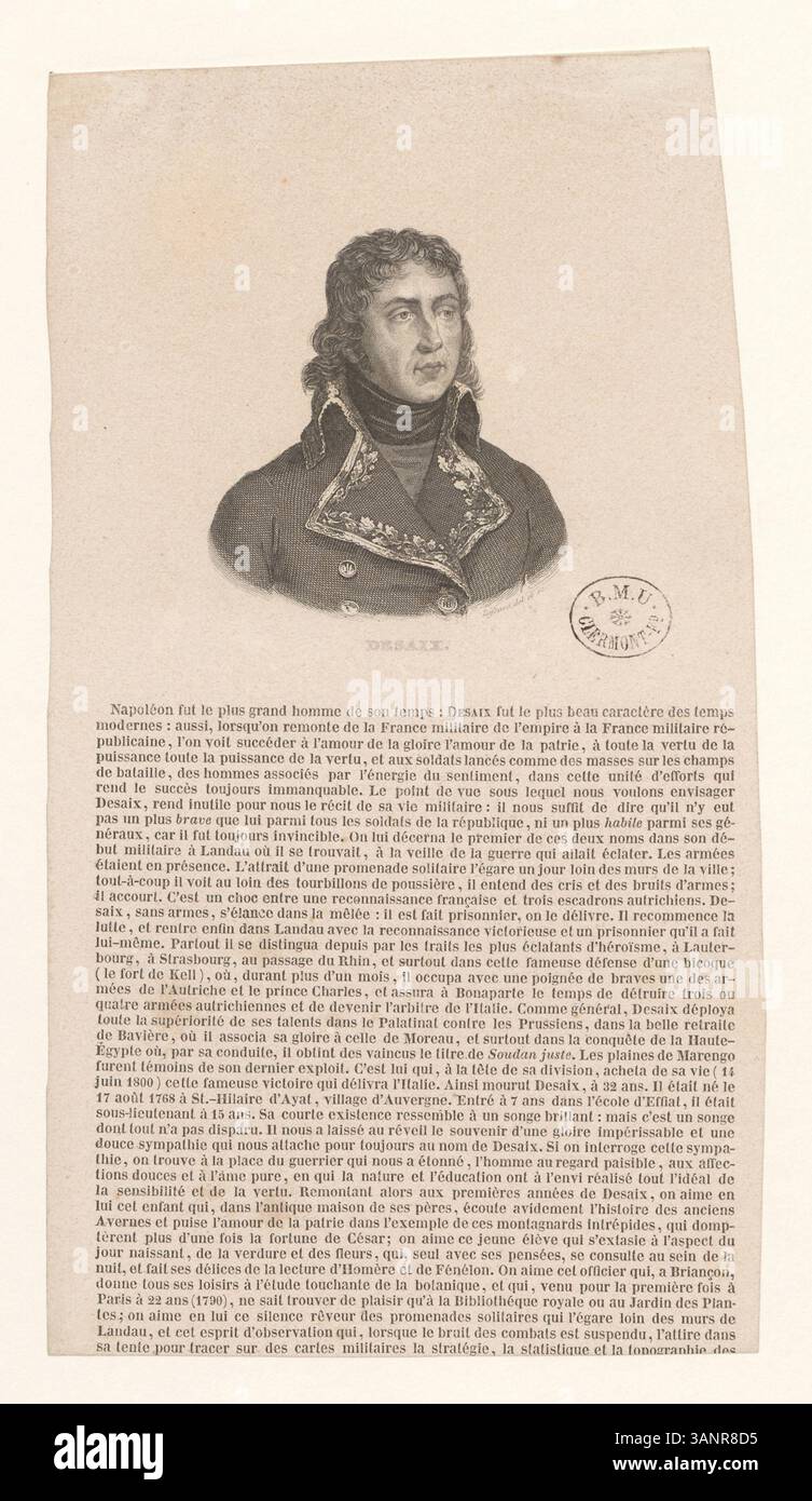 Diese Lithografie zeigt General Louis Desaix, eine prominente Figur in den Französischen Unabhängigkeitskriegen, die als Teil der Sammlung Boyer entstand. Stockfoto