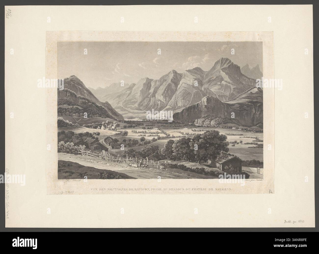 Ein Druck von Johann Jakob Schmid, der den *Vue des montagnes de Raticon* mit Blick auf die Raticon-Berge unterhalb des Schlosses Sargans in der Schweiz zeigt. Stockfoto