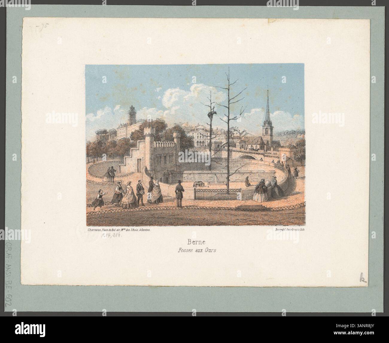 Diese Lithografie von Isidore Laurent Deroy mit „Fosses aux Ours“ in Bern wurde von Léon-Auguste Asselineau lithographiert. Sie wurde in Genf von Charnaux veröffentlicht und repräsentiert den Stil des 19. Jahrhunderts, Schweizer Landschaften mit präzisen Details darzustellen. Stockfoto