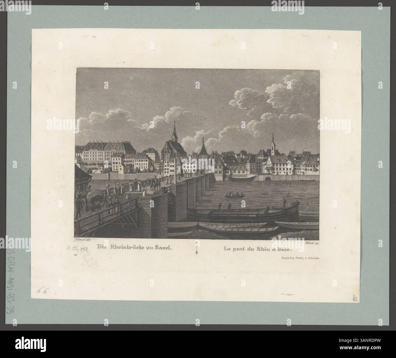 Ein Aquatint- und Ätzdruck mit dem Titel „die Rheinbrücke zu Basel“, der die Rheinbrücke in Basel darstellt. Der Druck, der zwischen 1834 und 1838 erstellt wurde, zeigt die berühmte Brücke, die die Stadt mit der umliegenden Region verbindet. Stockfoto