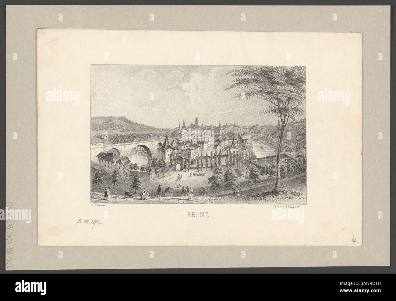 Diese Lithografie von J. G. Schmid mit Blick auf Bern wurde vom Lithographen Johann Friedrich Wagner erstellt. Sie wurde für die Schweizerische Nationalbibliothek produziert und spiegelt das architektonische und kulturelle Wesen der Stadt wider. Stockfoto