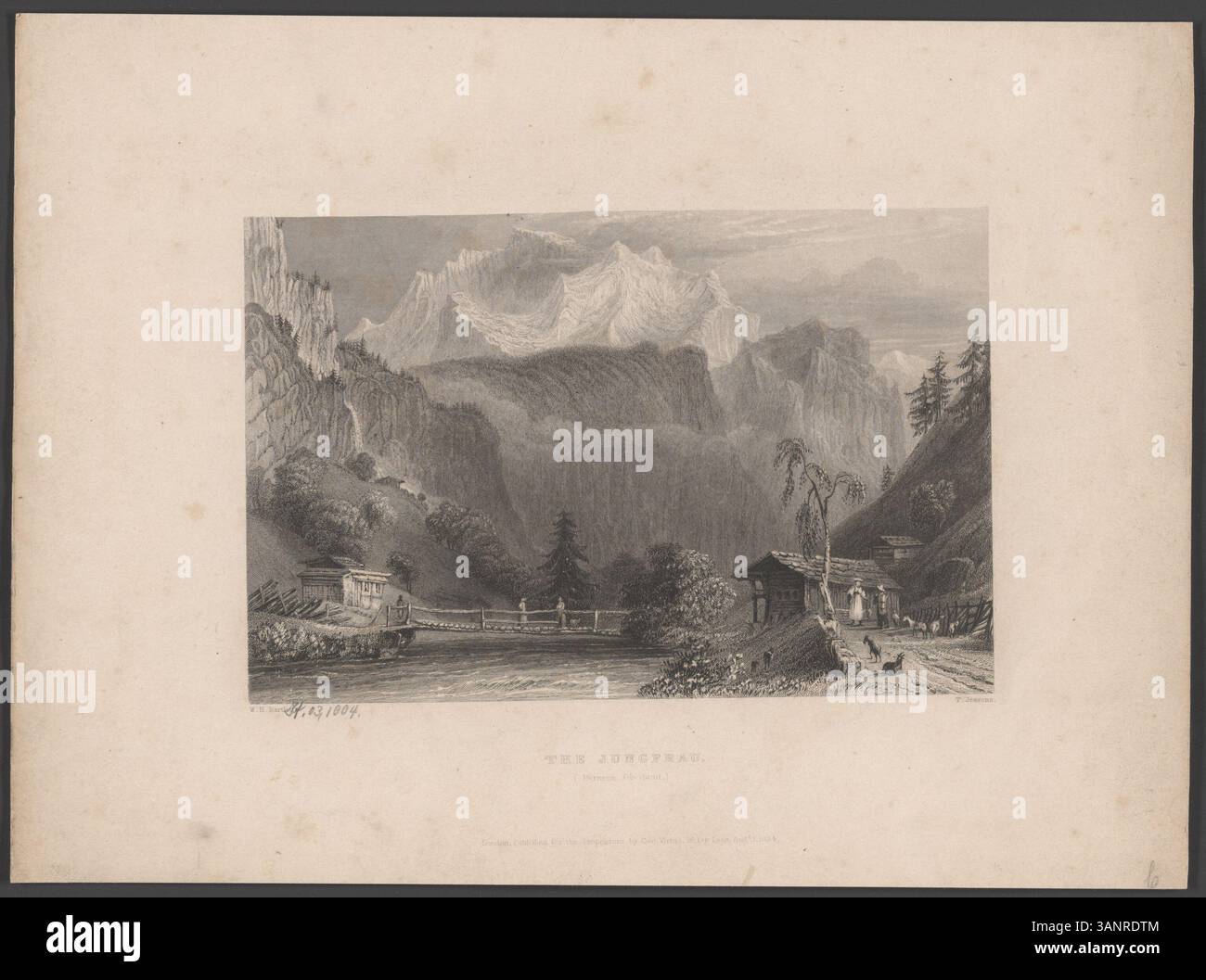 "Die Jungfrau, Berner Oberland", 1834. Dieser Stahlstich von William H. Bartlett zeigt einen Panoramablick auf den Berg Jungfrau in den Schweizer Alpen. Der majestätische Gipfel und das umliegende Lauterbrunnental werden mit großem Detail dargestellt. Stockfoto